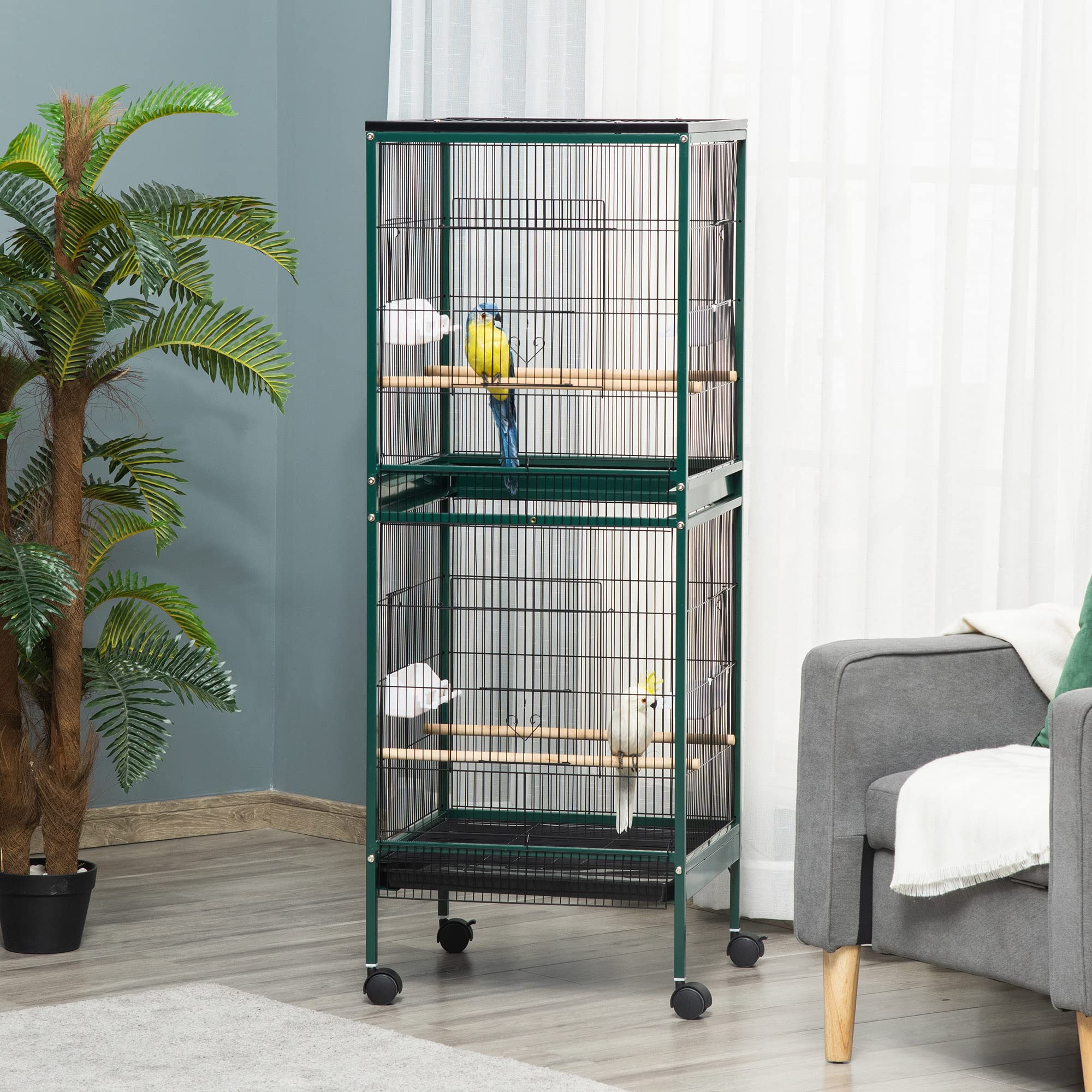 PawHut Large Bird Cage with 1.7 ft. Width for Wingspan, Bird Aviary Indoor with Multi-Door Design, Fit for a Canary, Finch, Conu